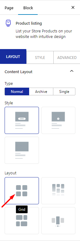 product listing content layout grid