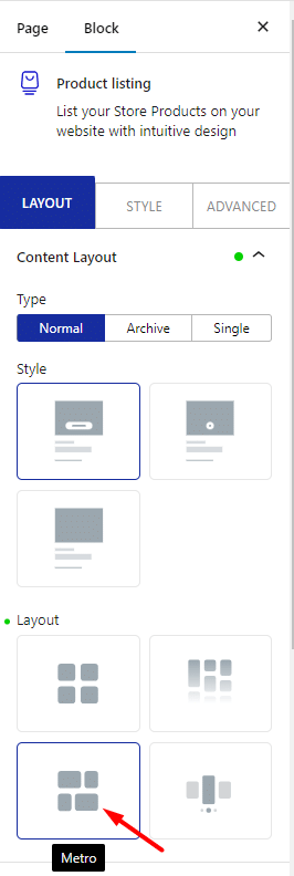 product listing content layout metro