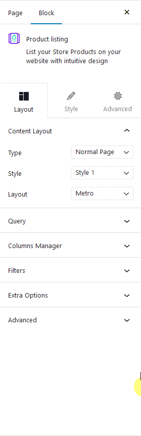 product listing custom metro layout