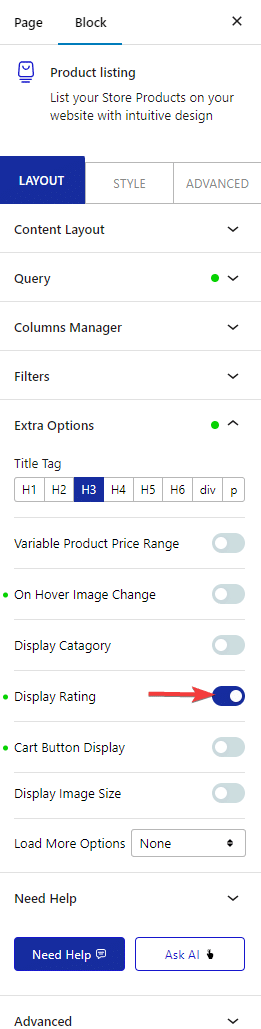 product listing extra options display rating