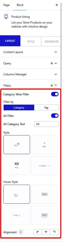 product listing filters new