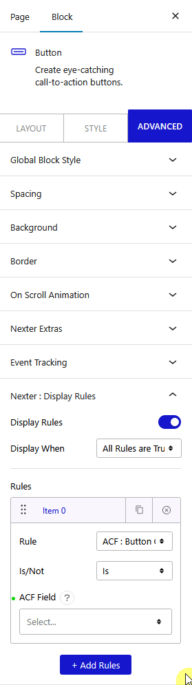 How to Set WordPress Display Conditions Based on Dynamic Custom Fields? 6 display rules acf button group new 1
