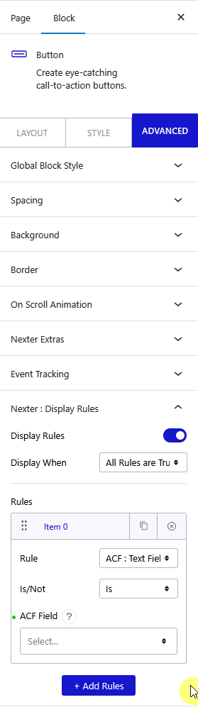 How to Set WordPress Display Conditions Based on Dynamic Custom Fields? 2 display rules acf text fields new