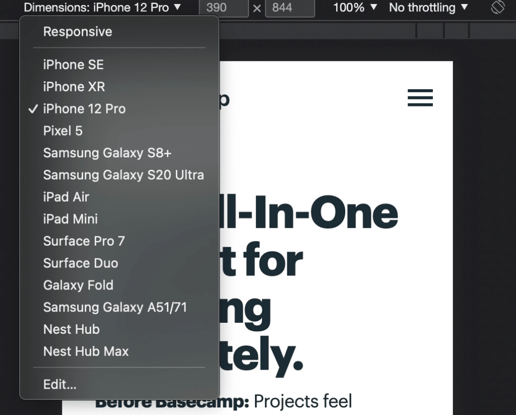 responsive options in inspect element filter by devices