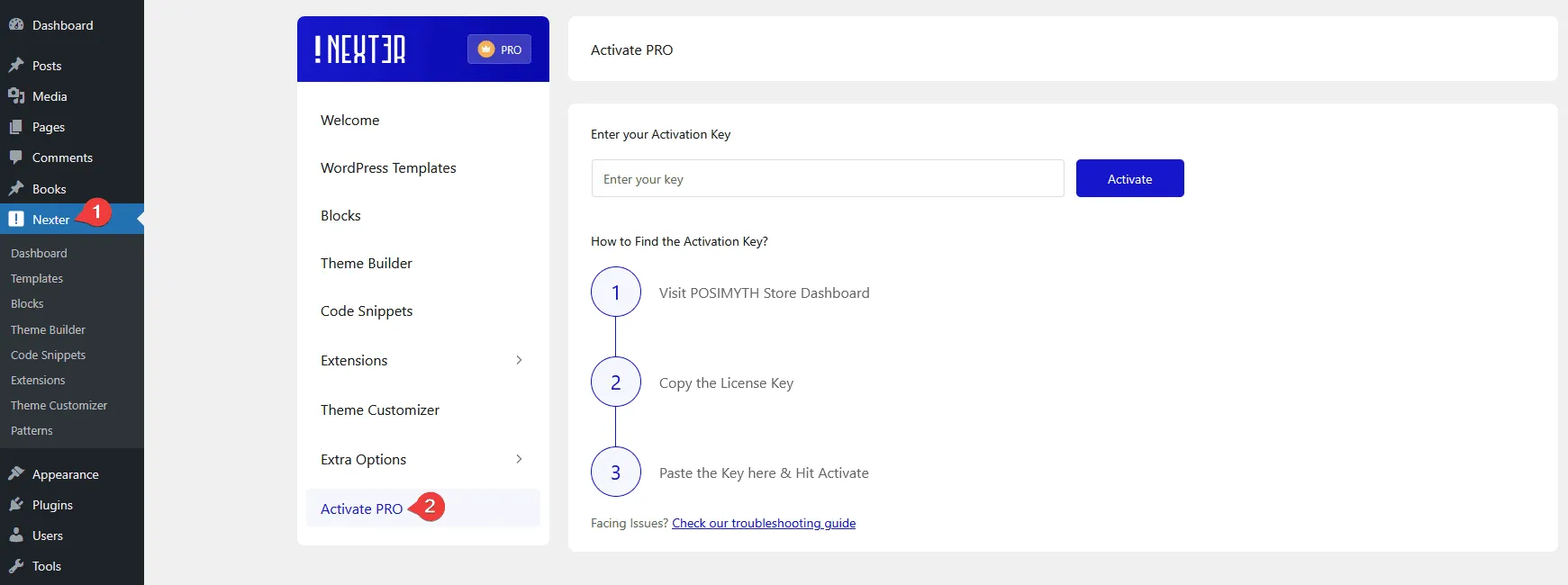 nexter extension settings activate pro new