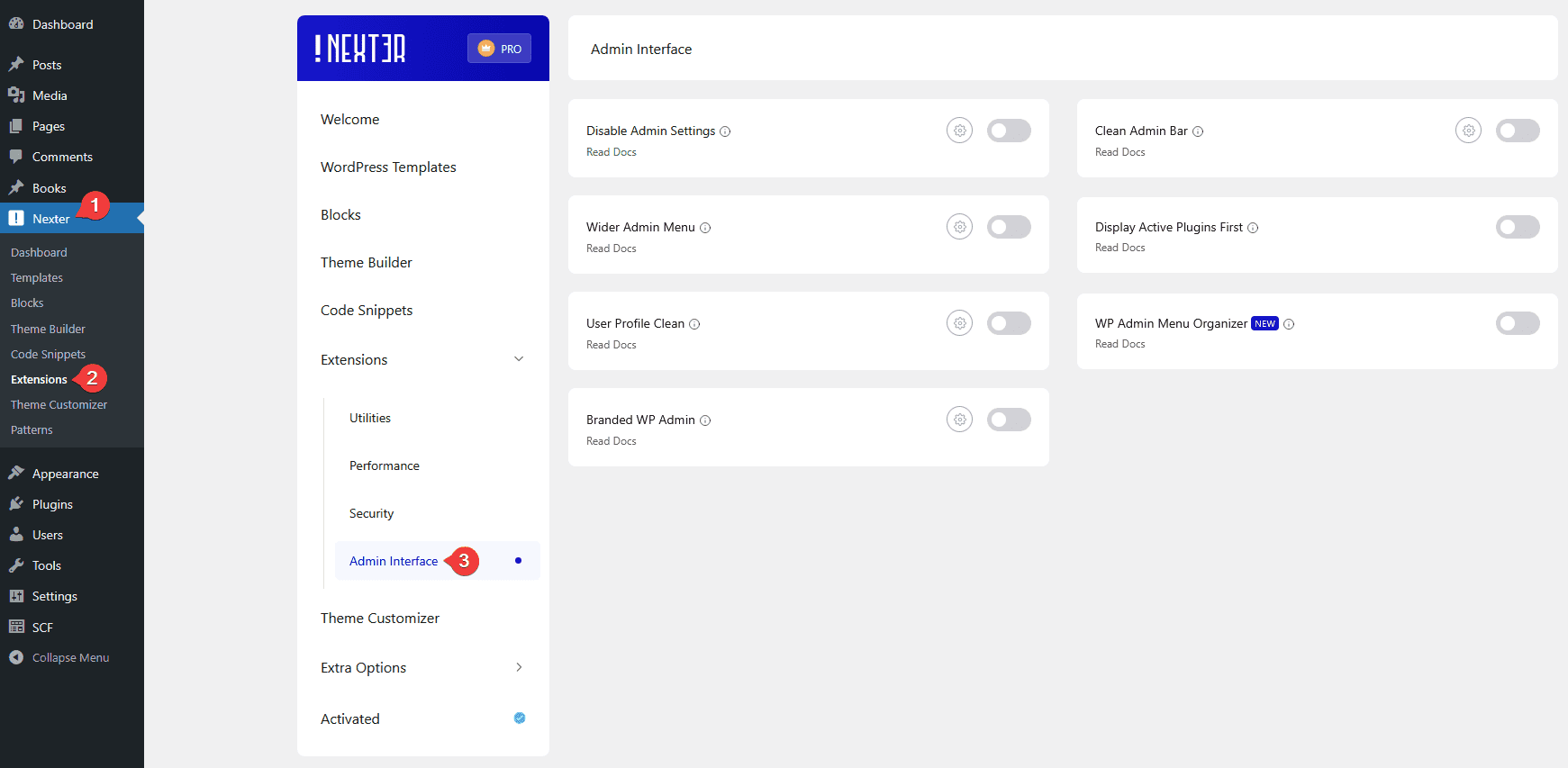 nexter extension settings admin interface new