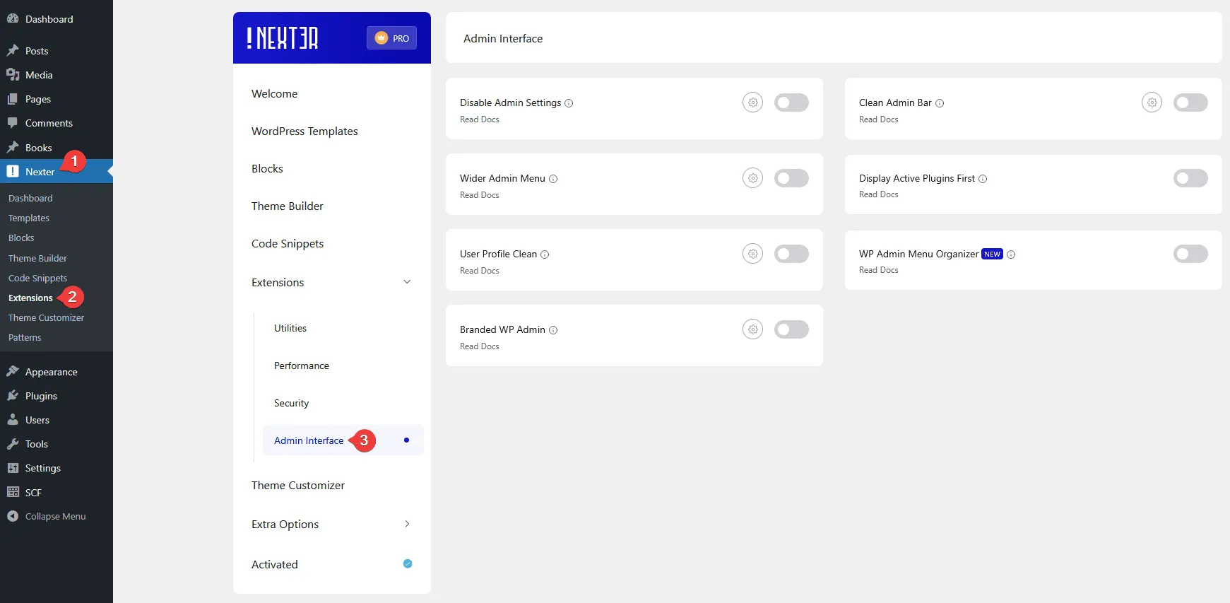 nexter extension settings admin interface new