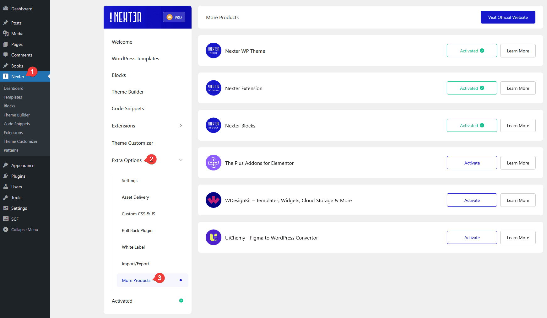 nexter extension settings more products new