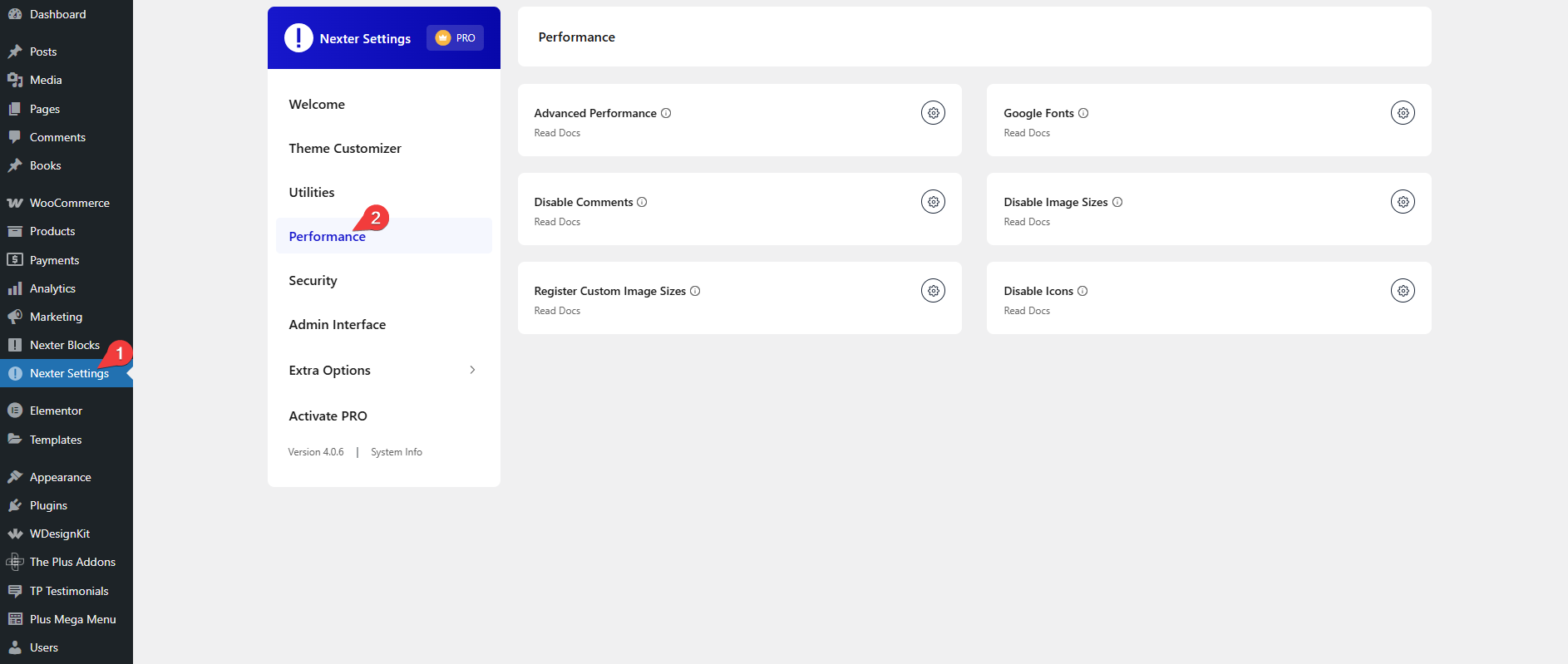 nexter extension settings options performance