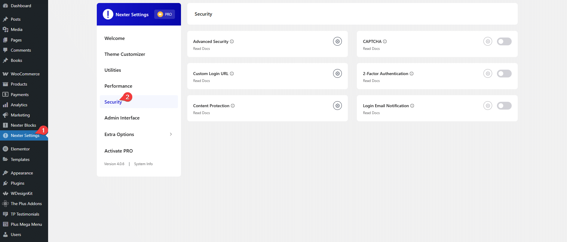 nexter extension settings options security 2