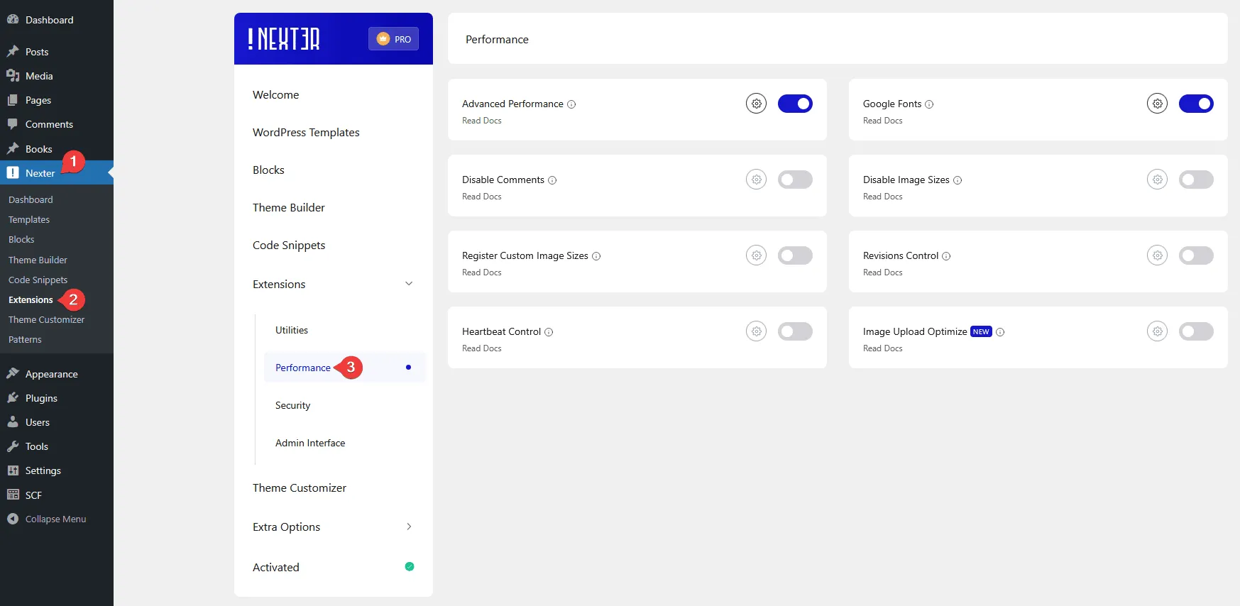 nexter extension settings performance new