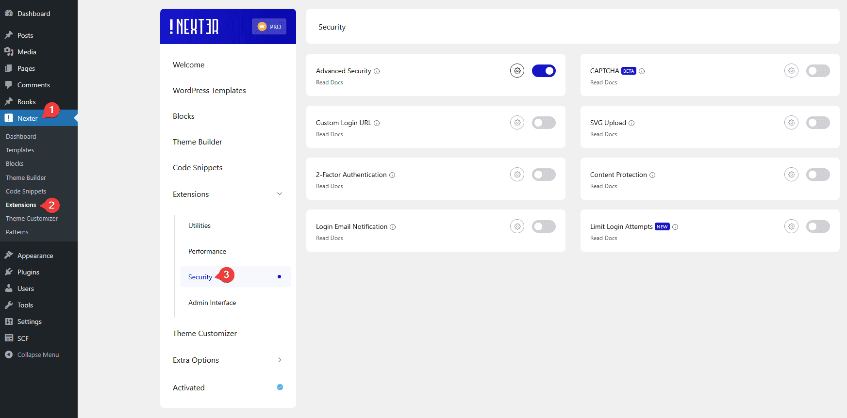 nexter extension settings security new