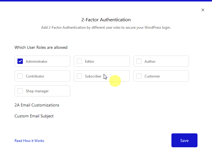 two factor authentication settings popup