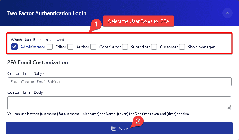 two factor authentication settings popup
