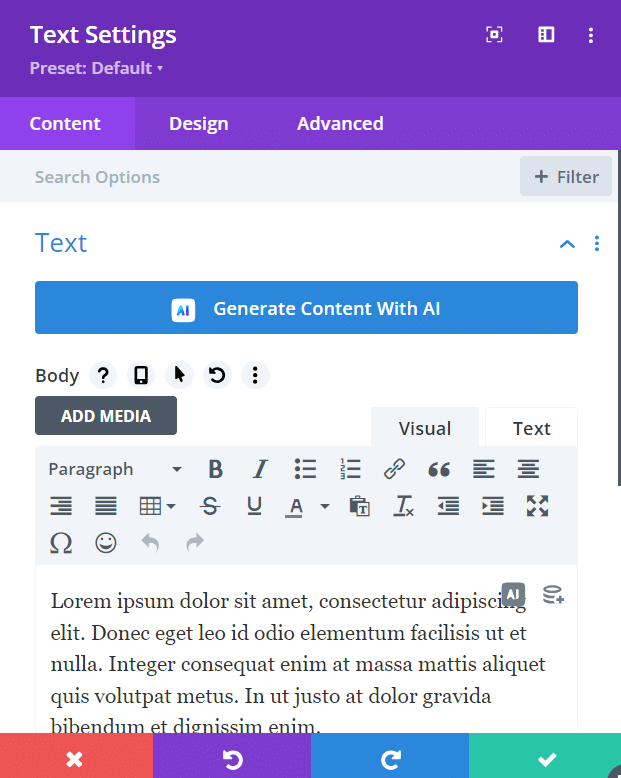 Divi Text Settings