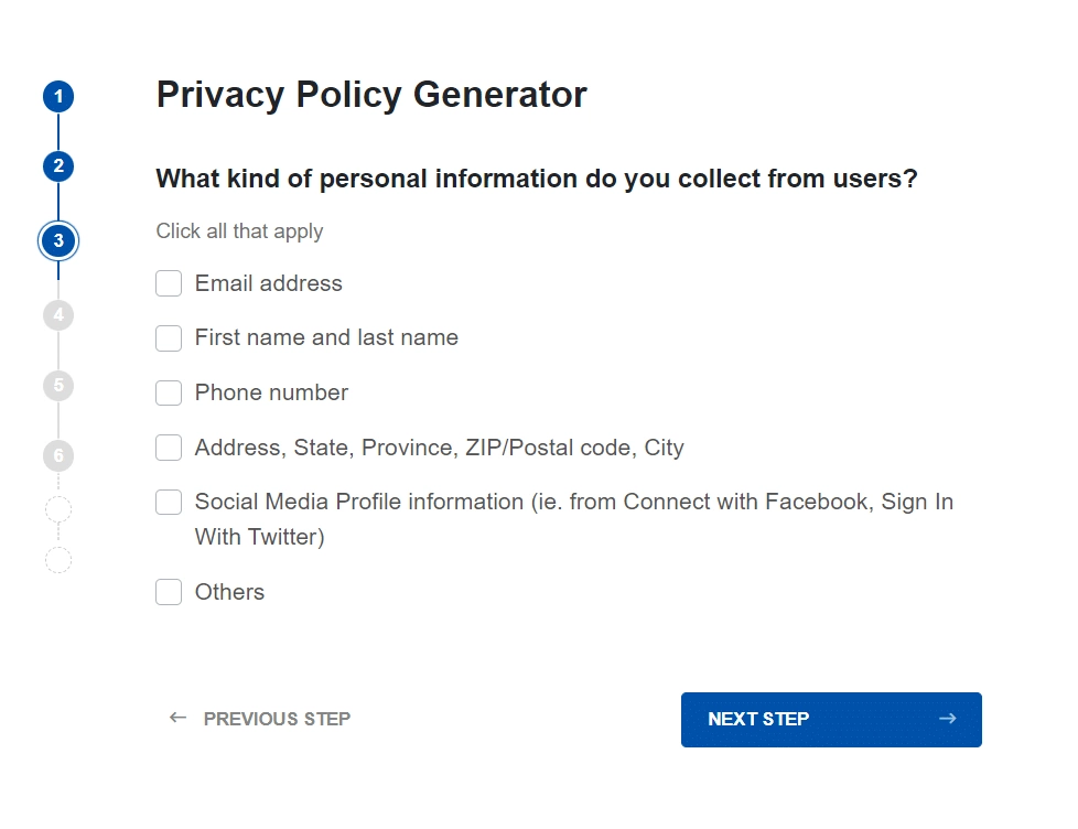 Choose the type of personal information - 7 Best Privacy Policy Examples for Website [Tips + How to Make it]