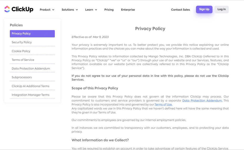 ClickUp 1 - 7 Best Privacy Policy Examples for Website [Tips + How to Make it]