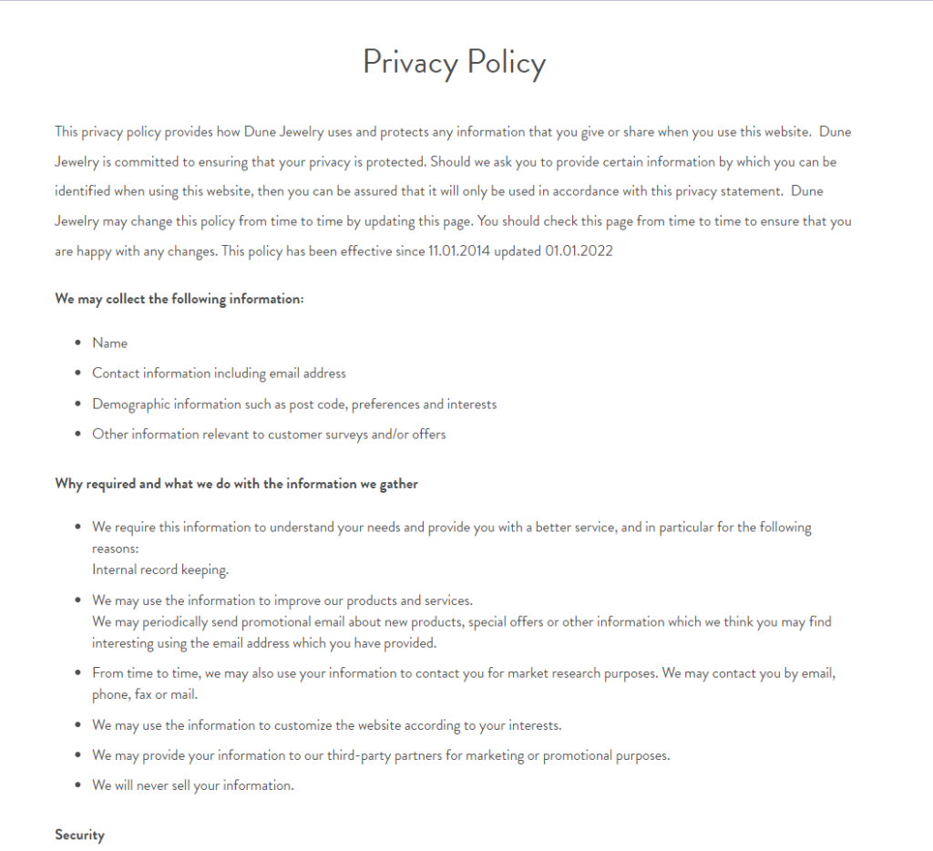 Dune Jewlery 1 - 7 Best Privacy Policy Examples for Website [Tips + How to Make it]