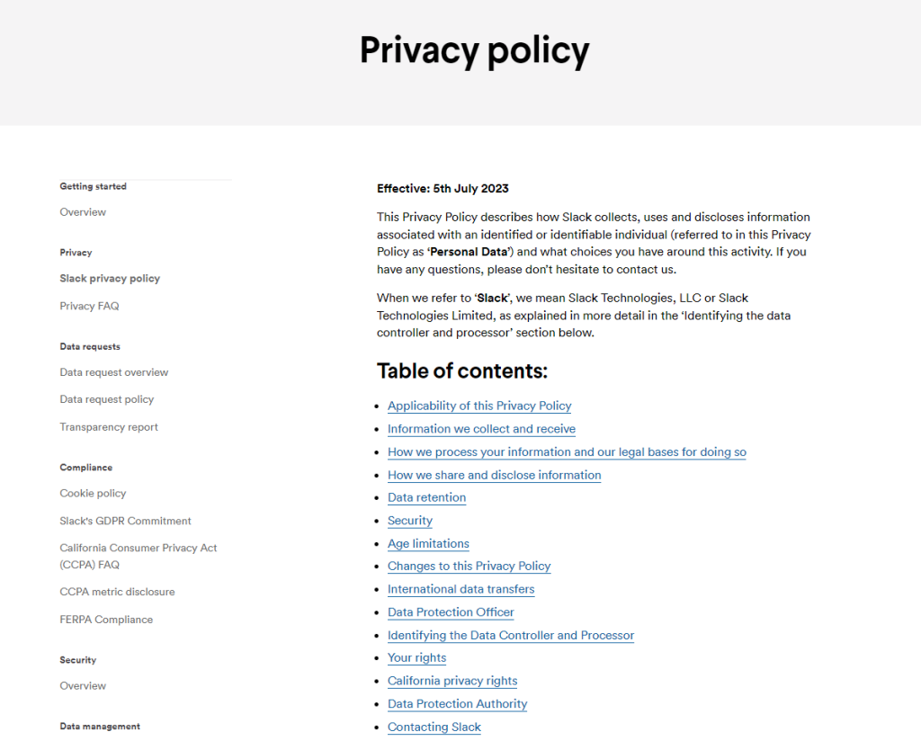 Slack 2 - 7 Best Privacy Policy Examples for Website [Tips + How to Make it]