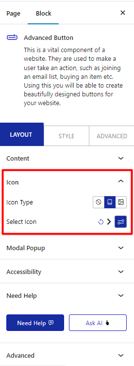 advanced button icon section