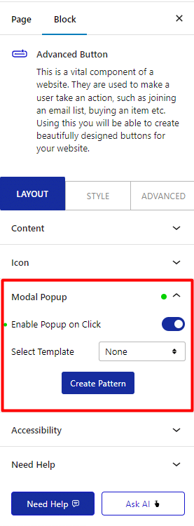 advanced button modal popup section