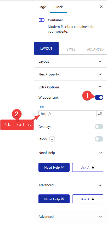 container layout extra options wrapper link