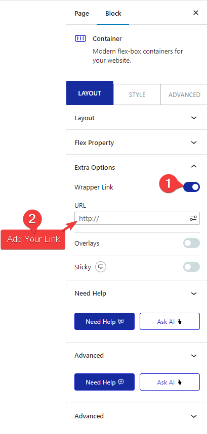 container layout extra options wrapper link