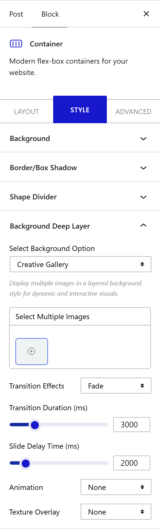 Background Deep Layer Creative Gallery panel in the Container block