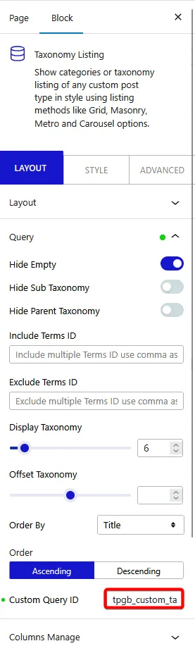 taxonomy listing custom query id new