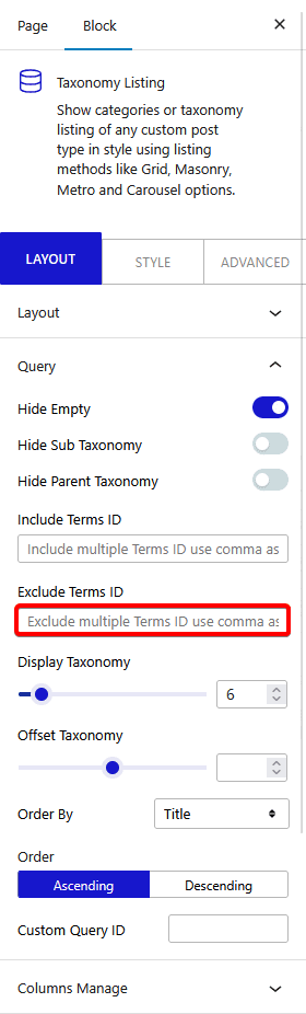 taxonomy listing query exclude terms id new