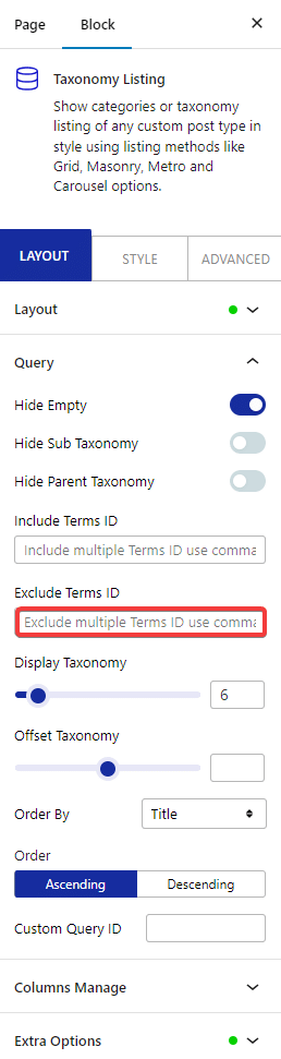 taxonomy listing query exclude terms id