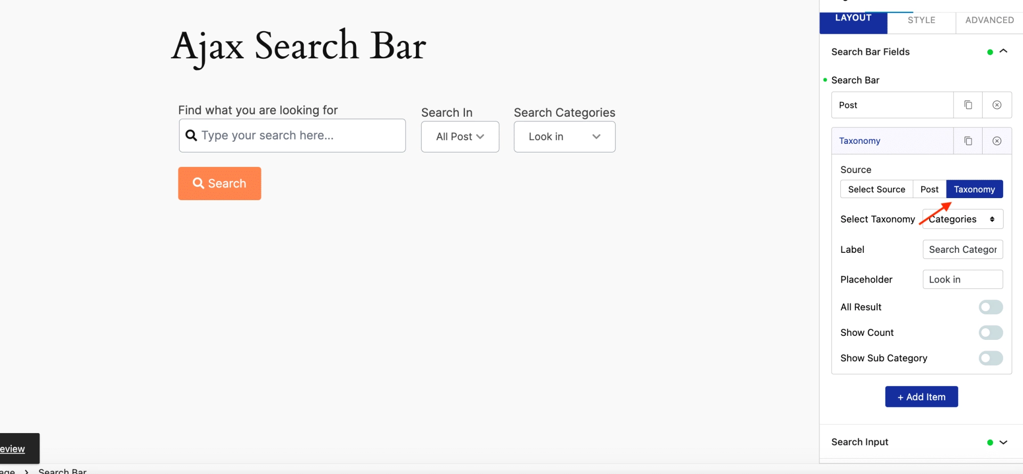 Ajax Search Bar options