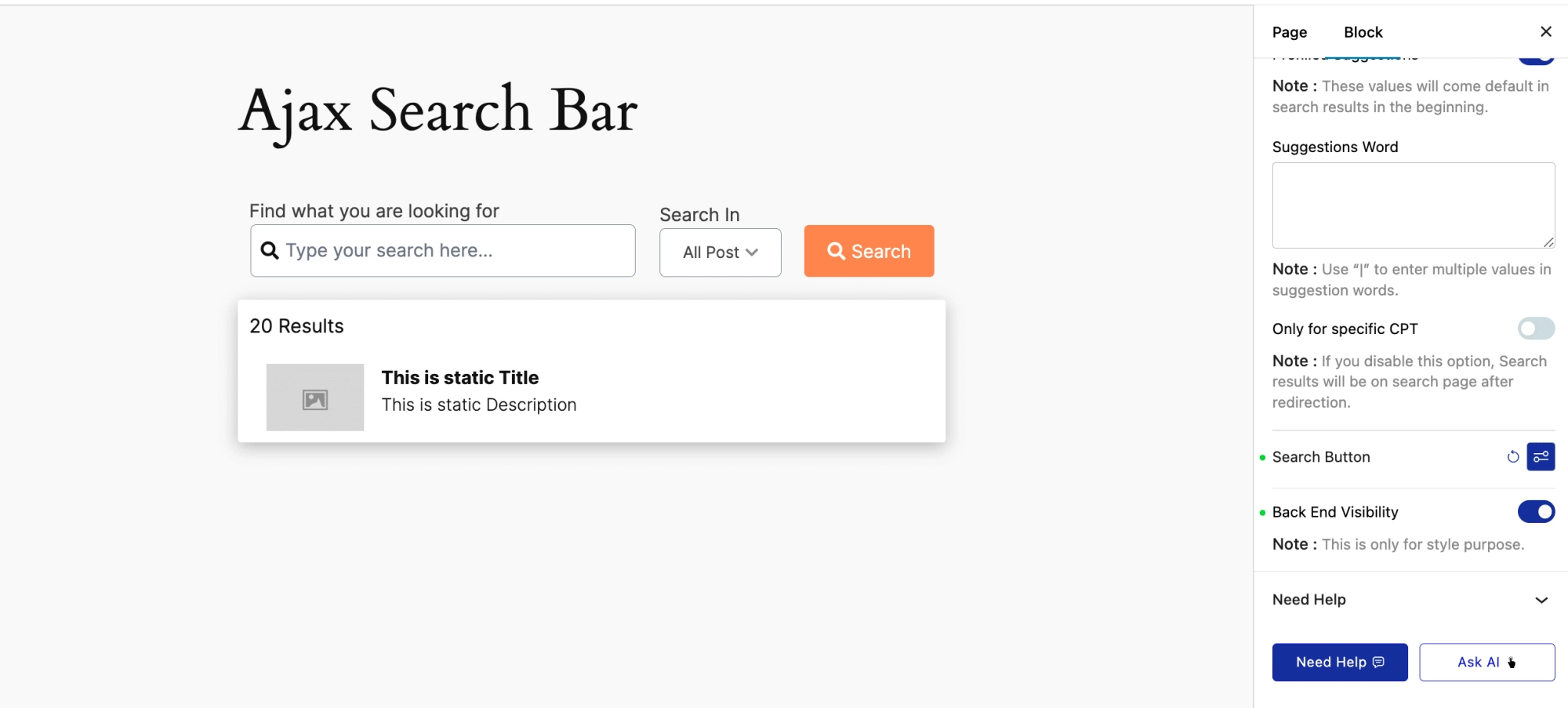 Ajax Search Bar results