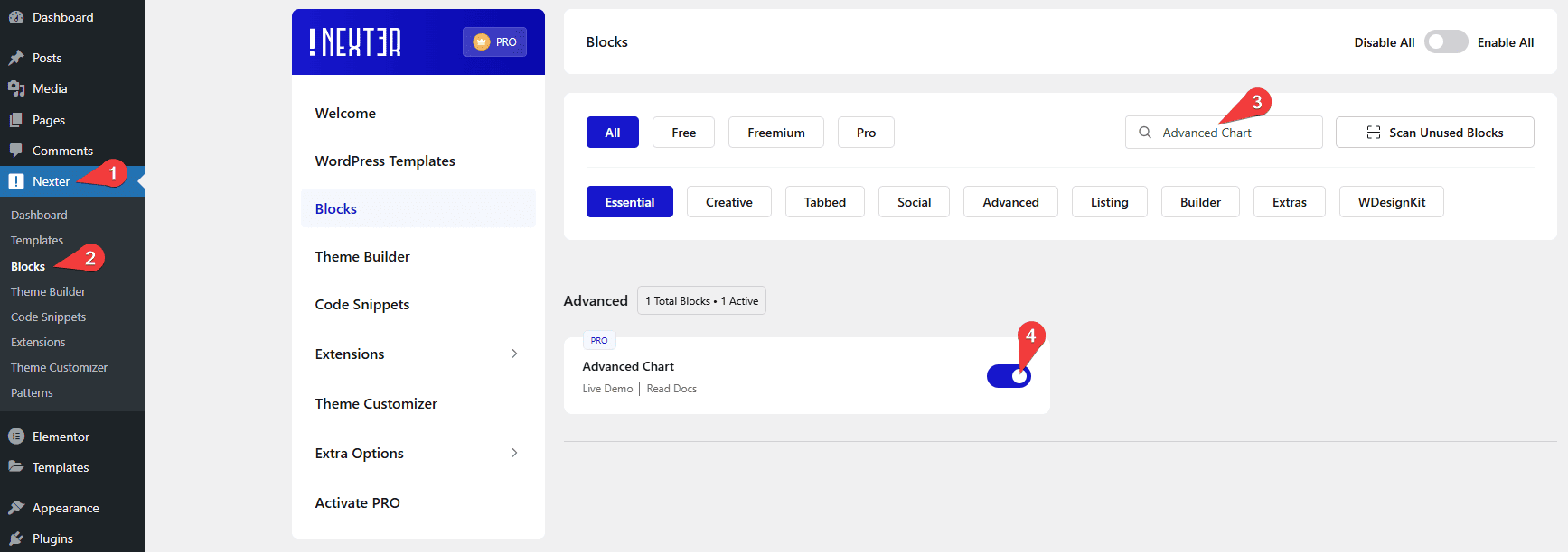 How to Add a Chart in WordPress? 1 Nexter Blocks Advanced Chart Activation