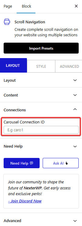 Nexter Blocks Scroll Navigation Carousel Connection ID