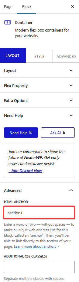 Nexter Blocks Scroll Navigation Container HTML Anchor