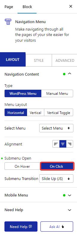 navigation menu on click