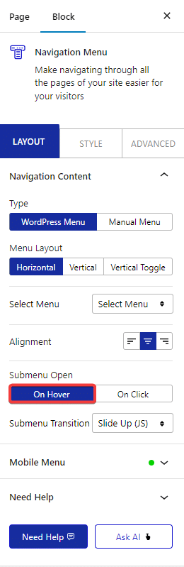 navigation menu on hover