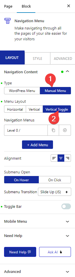 navigation menu vertical toggle ss