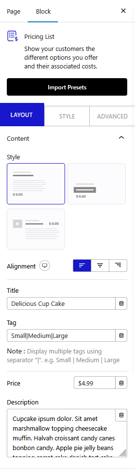 pricing list content new