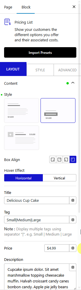 pricing list modern style new