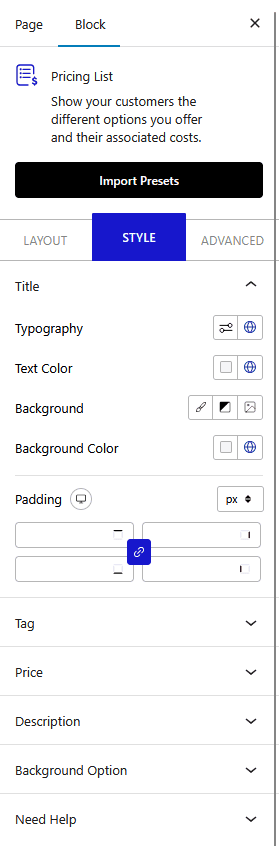 pricing list style new