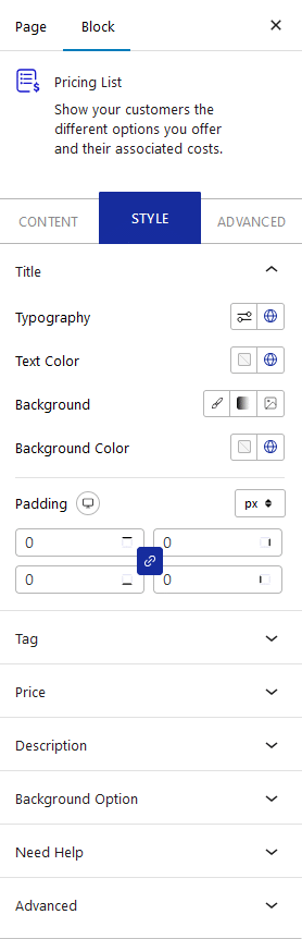 pricing list style