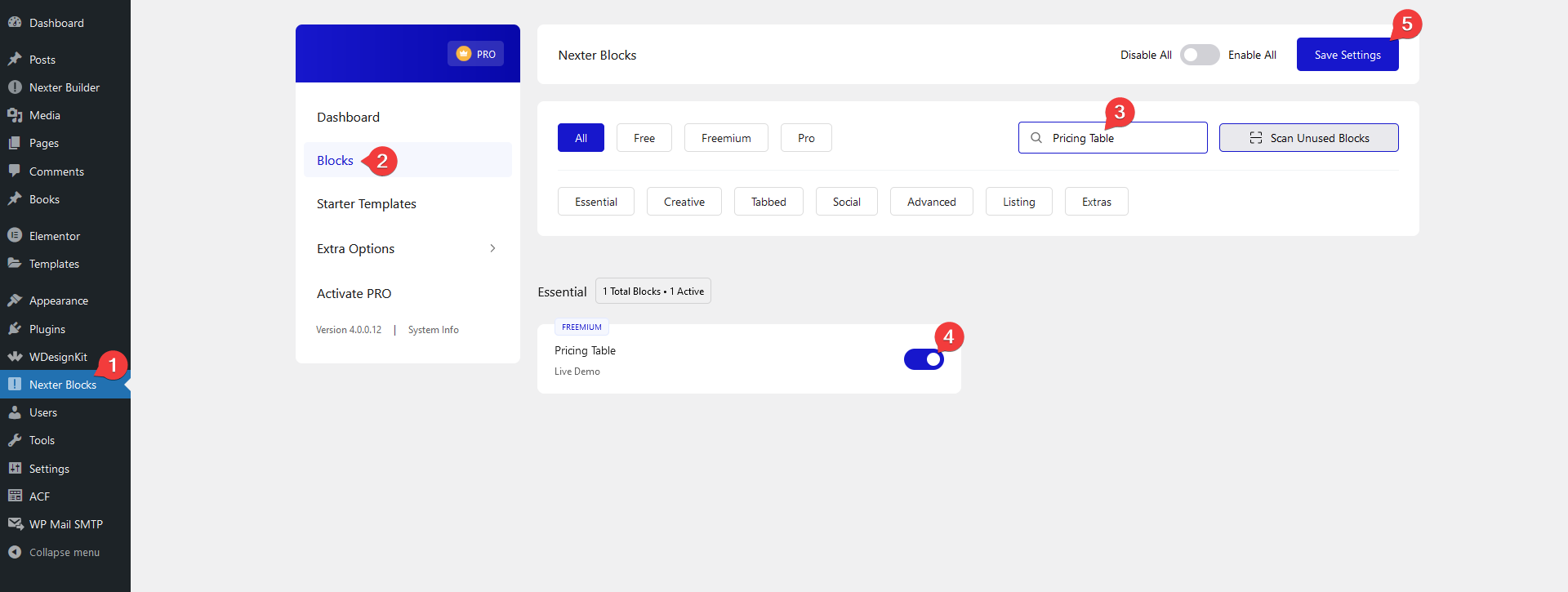 pricing table activation