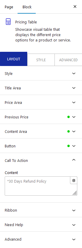 pricing table call to action