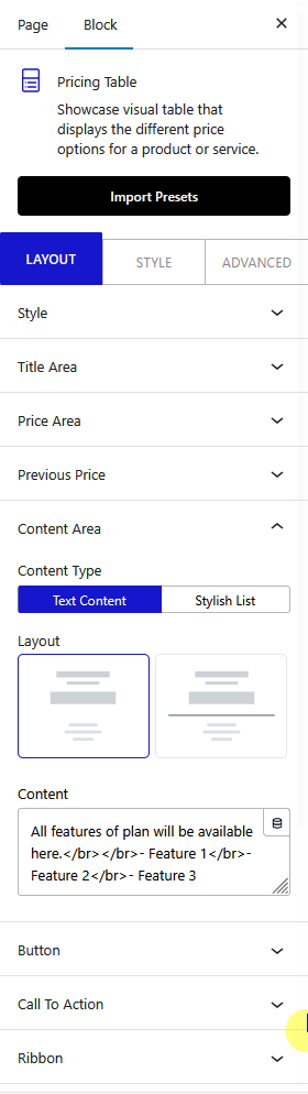 pricing table content area new