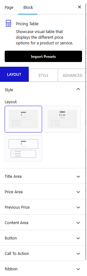 pricing table layout new
