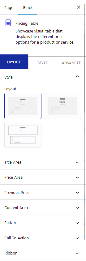 pricing table layout