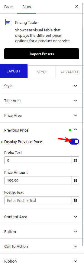 pricing table previous price new