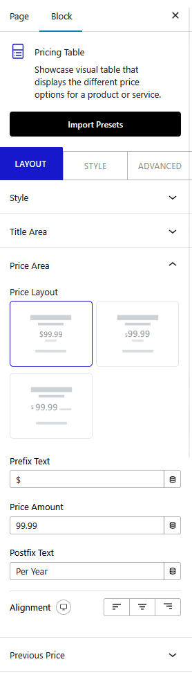 pricing table price area new